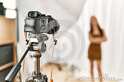 Young caucasian woman model having photo shooting photo studio Stock Photo