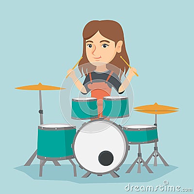 Young caucasian woman playing the drum. Vector Illustration