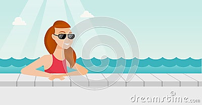 Young caucasian woman relaxing in swimming pool. Vector Illustration