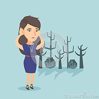 Young caucasian woman standing in a dead forest. Vector Illustration