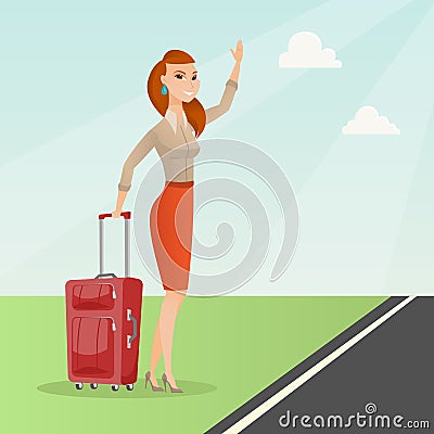 Young caucasian woman with suitcase hitchhiking. Vector Illustration