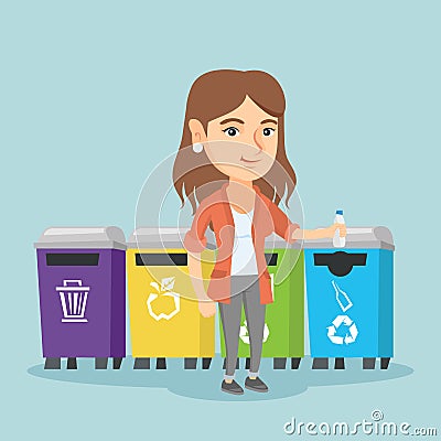 Young caucasian woman throwing out plastic bottle. Vector Illustration