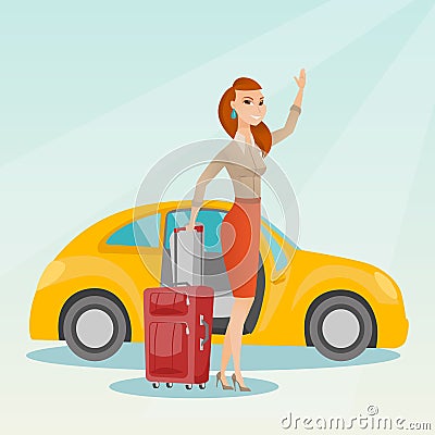 Young caucasian woman waving in front of car. Vector Illustration