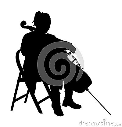 Young cellist vector silhouette siting and playing cello on white background. Woman artist play cello. Stock Photo