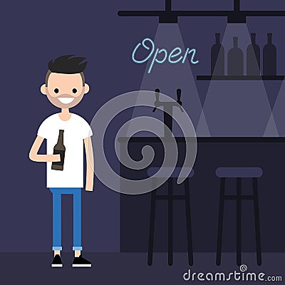 Young character drinking beer in a bar / flat il Vector Illustration