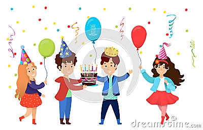 Young character kid celebrate birthday party, children hold birth cake, congratulation child flat vector illustration Vector Illustration