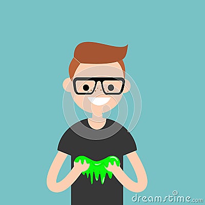 Young character playing with a slime / flat editable vector Vector Illustration