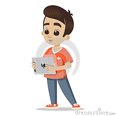 Young character portrait. Happy boy cartoon with tablet. Cute schoolboy. Little kid. Cute little boy head character. Vector Illustration