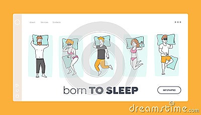 Young Character Sleeping on Comfy Bed Top View Landing Page Template. People Sleeping Poses Vector Illustration