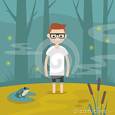 Young character stuck in the swamp / flat editable vector illustration, clip art Cartoon Illustration