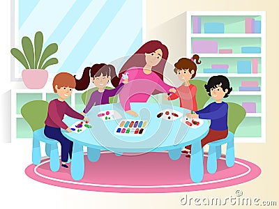 Young character teacher woman teach children paint image, smiling children draw colored picture on sheet paper cartoon Vector Illustration