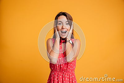 Young charming brunette woman with happy exited emotional face, Stock Photo