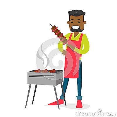 Young african-american man cooking shashlik. Vector Illustration