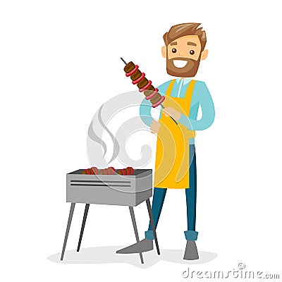 Young caucasian white man cooking shashlik. Vector Illustration