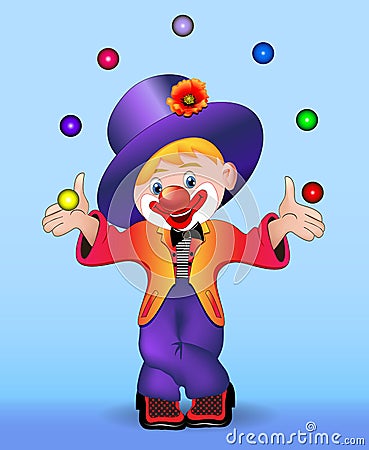 Young cheerful clown juggles balls Vector Illustration