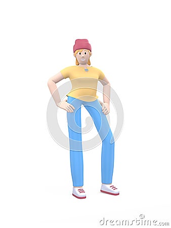 Young cheerful hipster girl in a hat posing in a free pose. Positive character in casual colored clothes isolated on a white Stock Photo