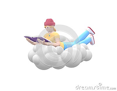 Young cheerful hipster girl in a hat in the sky on a cloud is reading a book. Literature fan in casual colored clothes isolated on Stock Photo