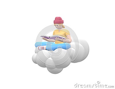 Young cheerful hipster girl in a hat in the sky on a cloud is reading a book. Literature fan in casual colored clothes isolated on Stock Photo