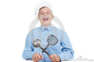 Young cheerful teenager guffaw, laugh loud and humor in a chef's hat. Isolated studio Stock Photo
