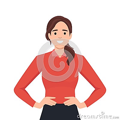 Young cheerful woman keeping hands on her hips. Bright girl smiling, looking straight and confident. Female portrait, joyful happy Vector Illustration