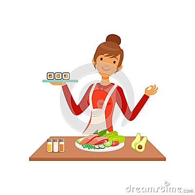 Young cheerful woman making sushi rolls, housewife girl cooking food in the kitchen flat vector Illustration Vector Illustration