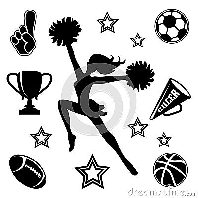 Young cheerleader with associated icons Vector Illustration