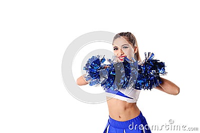 Young cheerleader in blue and white suit on white background Stock Photo