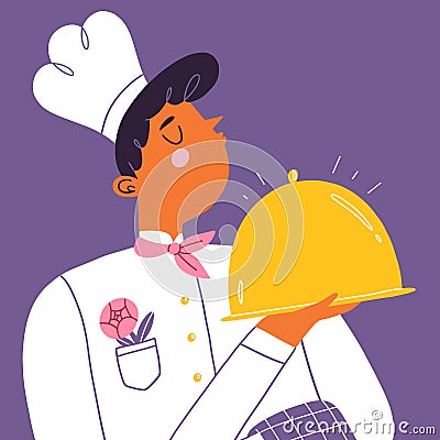 Young chef cook with a shiny golden tray, vector cartoon illustration Vector Illustration