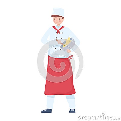 Young chef mixing dough in a bowl preparing dinner Vector Illustration