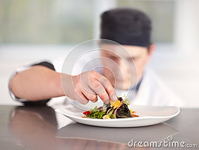 I do everything to perfection. Young chef putting the final perfect touches to his superbly prepared dish. Stock Photo