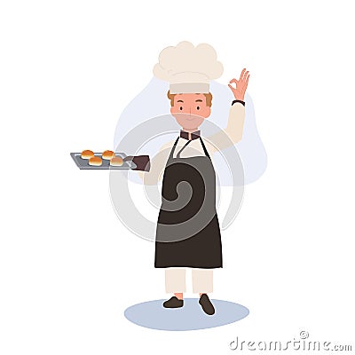 Young Chef Showing OK Sign. Happy Chef Doing OK Hand Sign and holding fresh baked bun on tray in other hand Vector Illustration