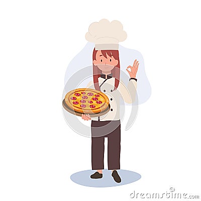 Young Chef Showing OK Sign. Happy Chef Doing OK Hand Sign and holding homemade pizza on tray in other hand Vector Illustration