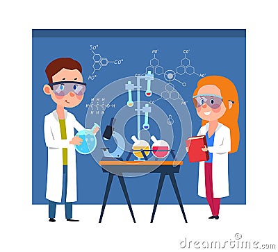 Young chemists. Children put chemical experiments, girl boy wear white coats and using medical equipment vector Vector Illustration