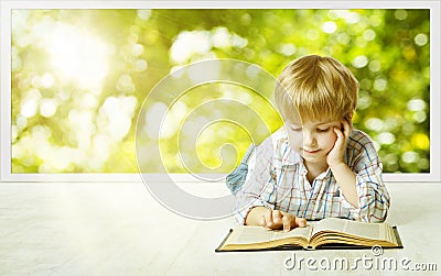 Young Child Boy Reading Book, Small Children Early Development Stock Photo