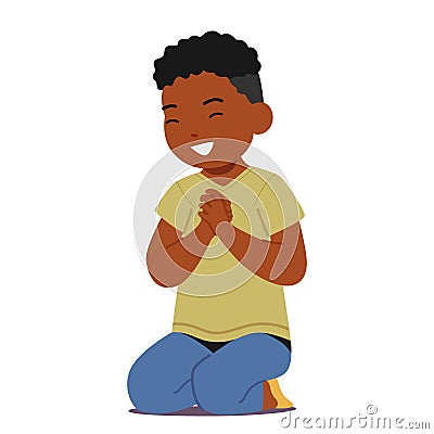 Young Child With Closed Eyes And Folded Hands, Deep In Prayer. Little Black Boy Character with Happy Expression Vector Illustration
