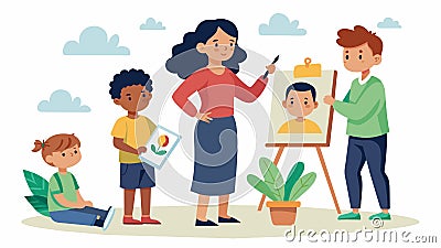 A young child drawing a picture of their ancestors and the struggles they faced guided by an art the who encourages them Vector Illustration