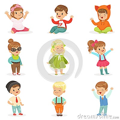 Young Children Dressed In Cute Kids Fashion Clothes, Series Of Illustrations With Kids And Style Vector Illustration