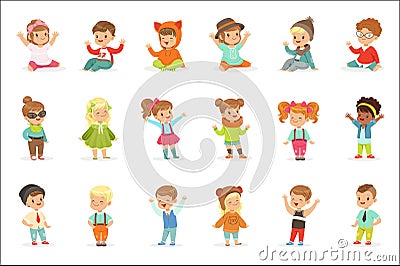 Young Children Dressed In Cute Kids Fashion Clothes, Series Of Illustrations With Kids And Style Vector Illustration