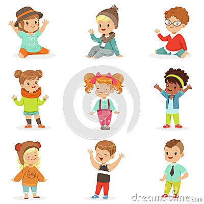 Young Children Dressed In Cute Kids Fashion Clothes, Set Of Illustrations With Kids And Style Vector Illustration