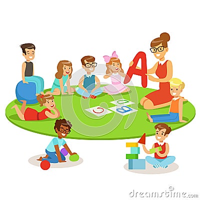 Young Children Learning Alphabet And Playing In Nursery School With Teacher Sitting And Laying On The Floor Vector Illustration