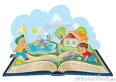 Young children studying nature as an open book Vector Illustration