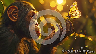Young chimp chimpanzee and butterfly Stock Photo