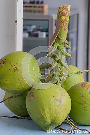 Young coconut display at the restaurant or bar Stock Photo