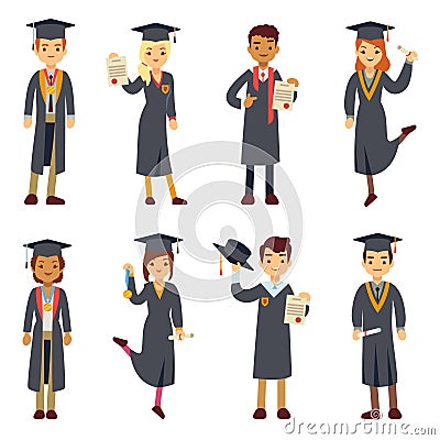 Young college graduate and university students vector characters set Vector Illustration