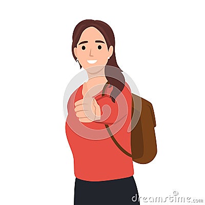 Young college student backpacking woman with thumbs up Vector Illustration