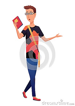 Young college or university student with backpack holding book. Study, education, back to school, knowledge concept. 3d Vector Illustration