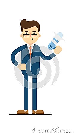 Young concentrated businessman hold megaphone Cartoon Illustration