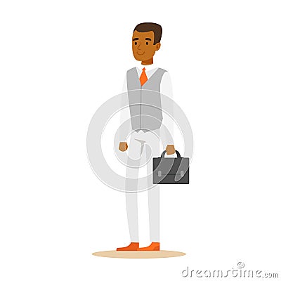 Young confident African American businessman with briefcase . Colorful cartoon character vector Illustration Vector Illustration