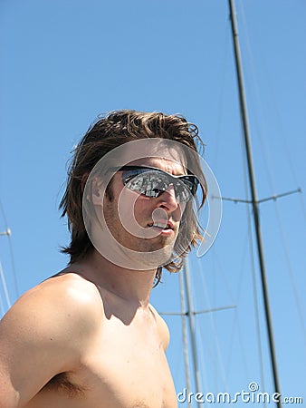 Young confident man at boat ma Stock Photo