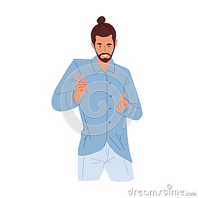 Young confident man winking and pointing with fingers. Portrait of seductive smiling guy flirting and seducing. Colored Vector Illustration